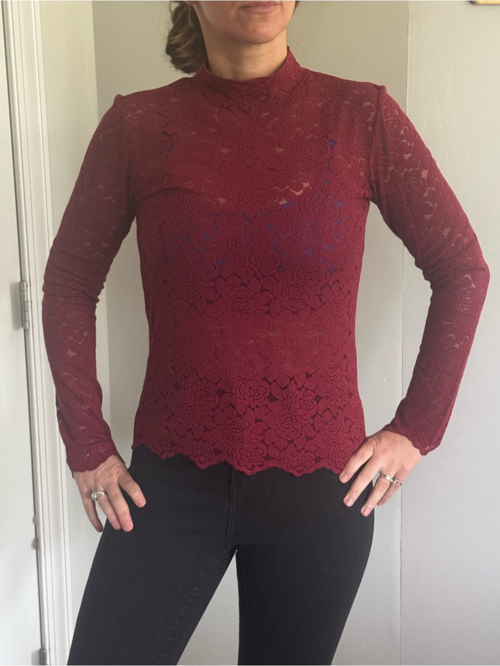 BKE Burgundy Lace Long Sleeve Mock Neck Top